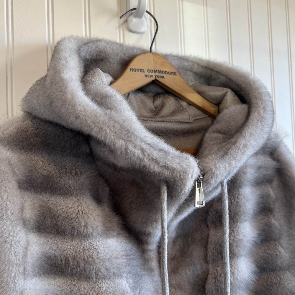 Grey Faux Fur Ribbed Half Zip Hoodie Pullover Jacket Silver Gray Plush Coat - Picture 2 of 10